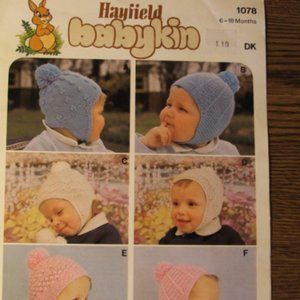 Hayfield BABYKIN #1078 6 Knitted Hats 6-16 Months 3 Sizes (#89)